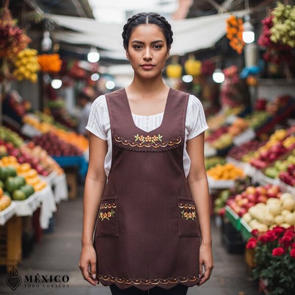 Burgundy Mexican Embroidered Apron – Essential Cotton Blend Kitchen Apron - Picture 2 of 9